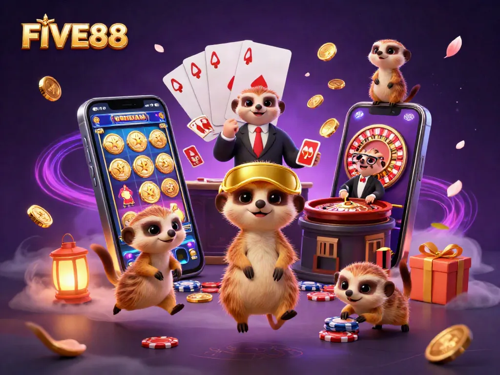 Experience the vibrant slots and games at FIVE88 with meerkats running a cartoon casino.