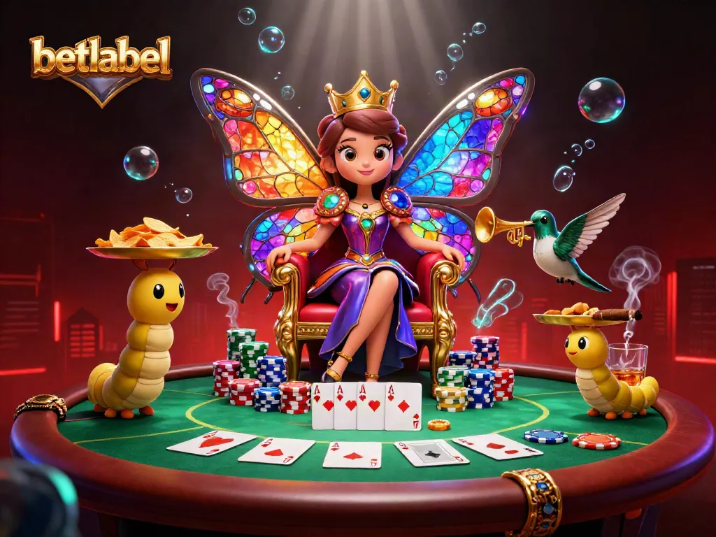 Betlabel highlights the vibrant gaming experience with a colorful butterfly queen and dynamic poker elements.