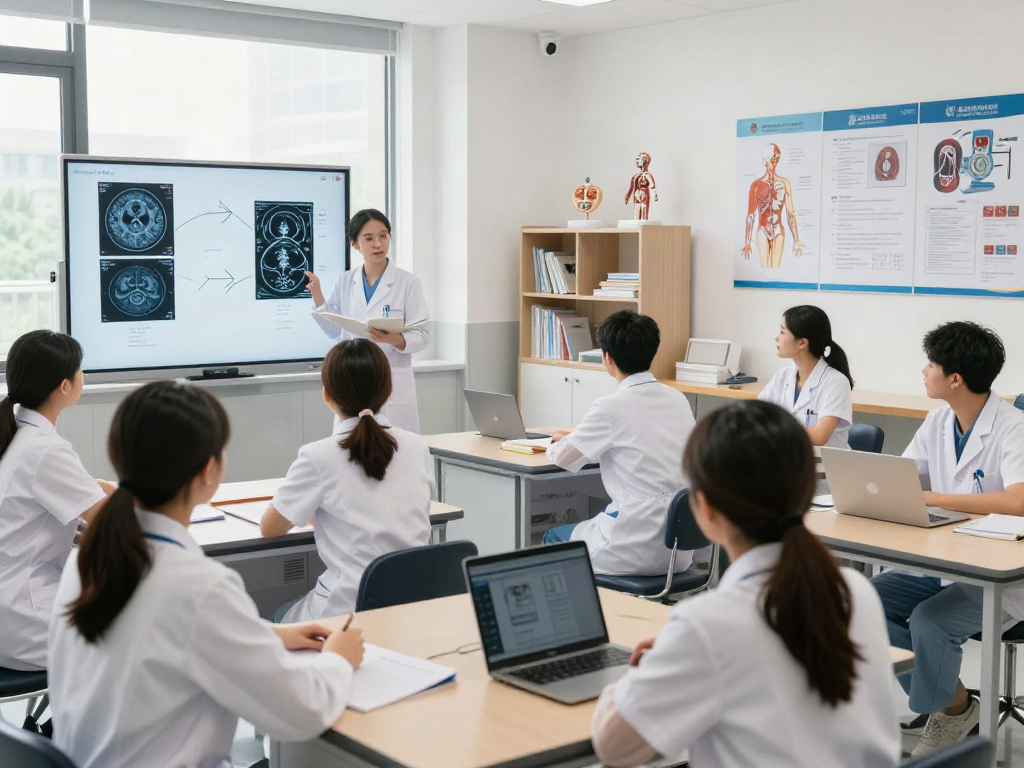Healthcare students learning about CT Scan, X-Ray, and MRI in a bright classroom, rokok88 educational focus.