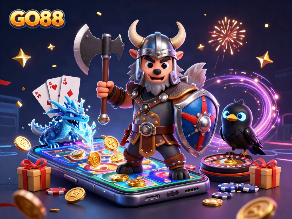 Experience GO88 with a Viking warrior, dragon, and casino elements in a vibrant scene.