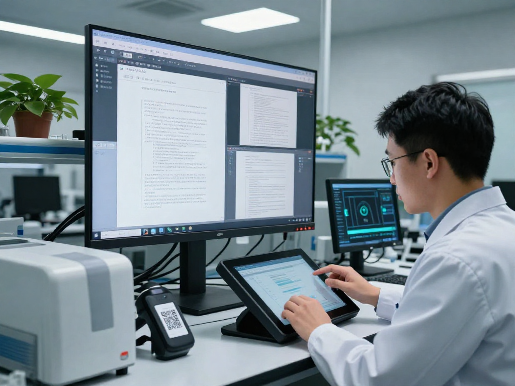 Professional analyst using AI technology for document fraud detection in a modern lab setting.