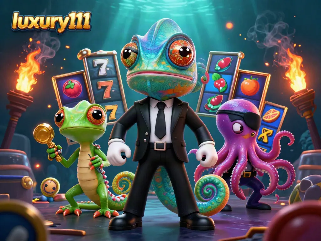 Engage with luxury111's exciting slot game visuals featuring colorful characters and vibrant slot reels.