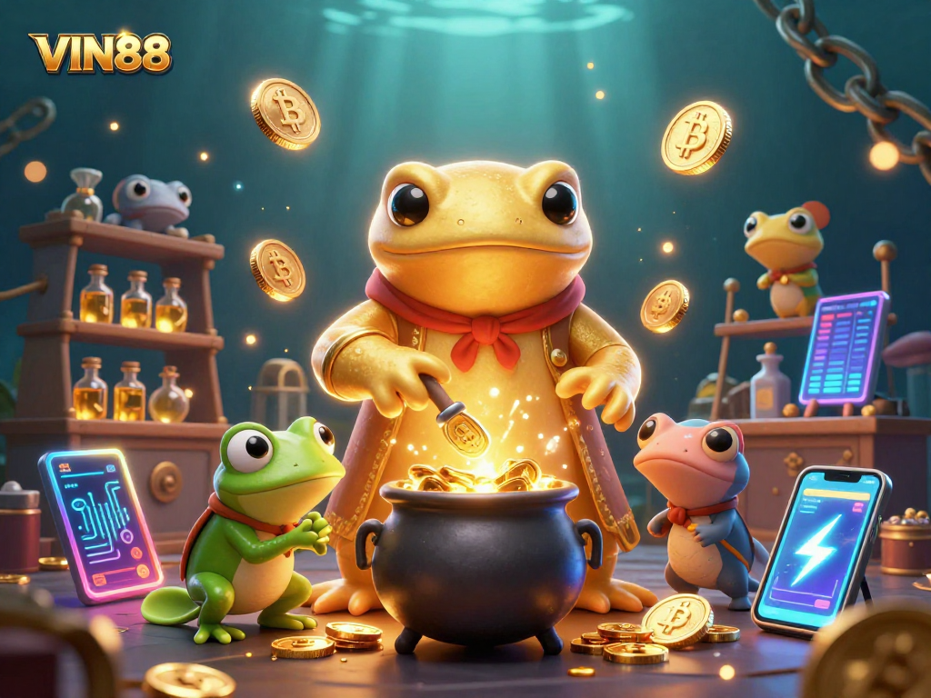 Engage with VIN88 at a vibrant casino scene featuring an alchemist and crypto elements.