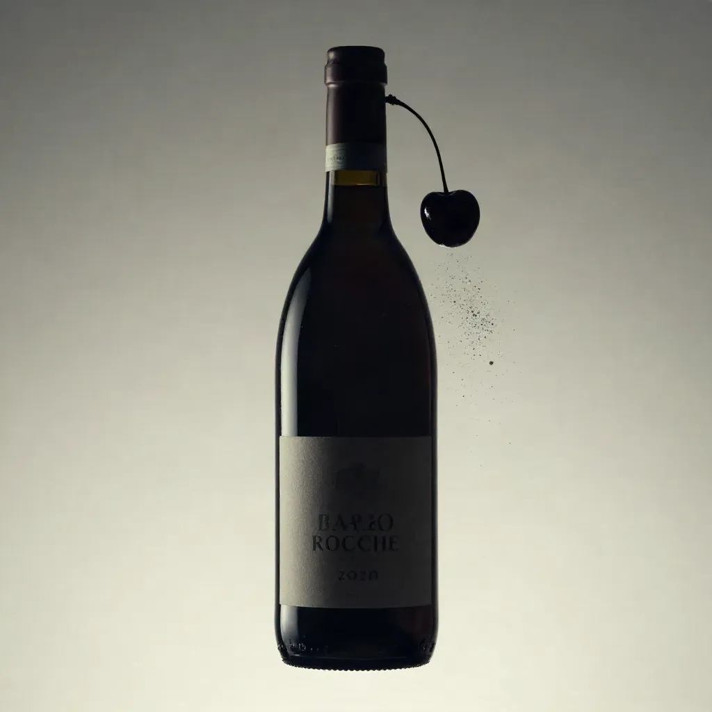 Bottiglia di Barolo sospesa con sughero, ciliegia scura e scheggia di pietra su fondo chiaro.