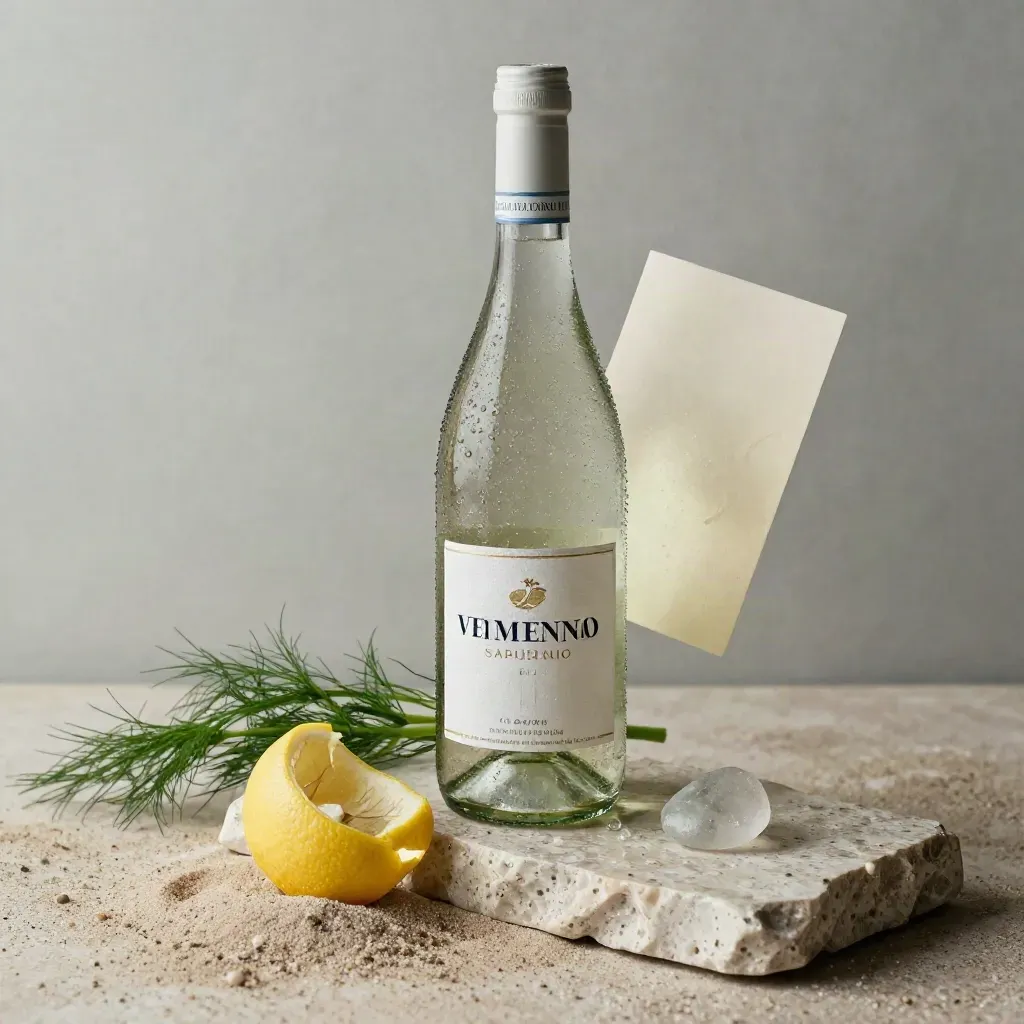 Bottiglia di Vermentino con scorza di limone, finocchietto e travertino bagnato.