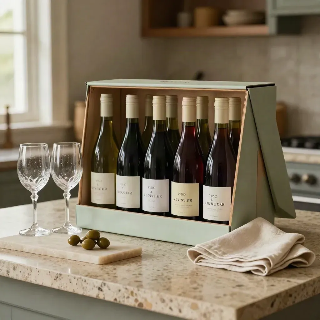 Box regalo di vino con sei bottiglie, calici e tavola in pietra su travertino.