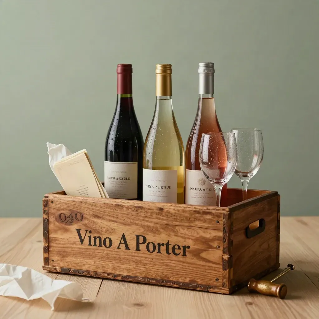 Cassetta regalo con tre bottiglie di vino, calici e carte degustazione su legno