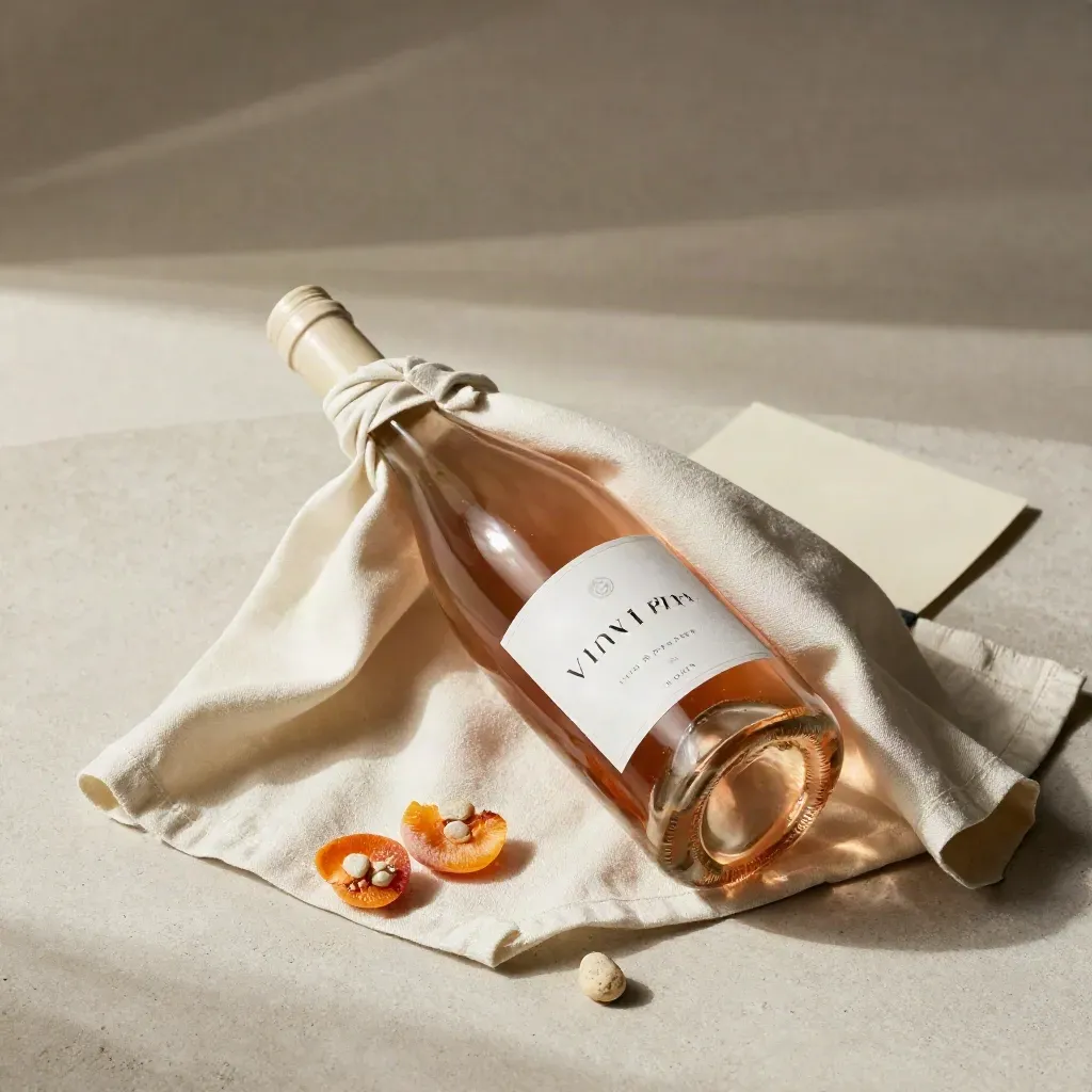 Bottiglia di rosato avvolta in lino crema con albicocche, sassi chiari e nastro piegato.