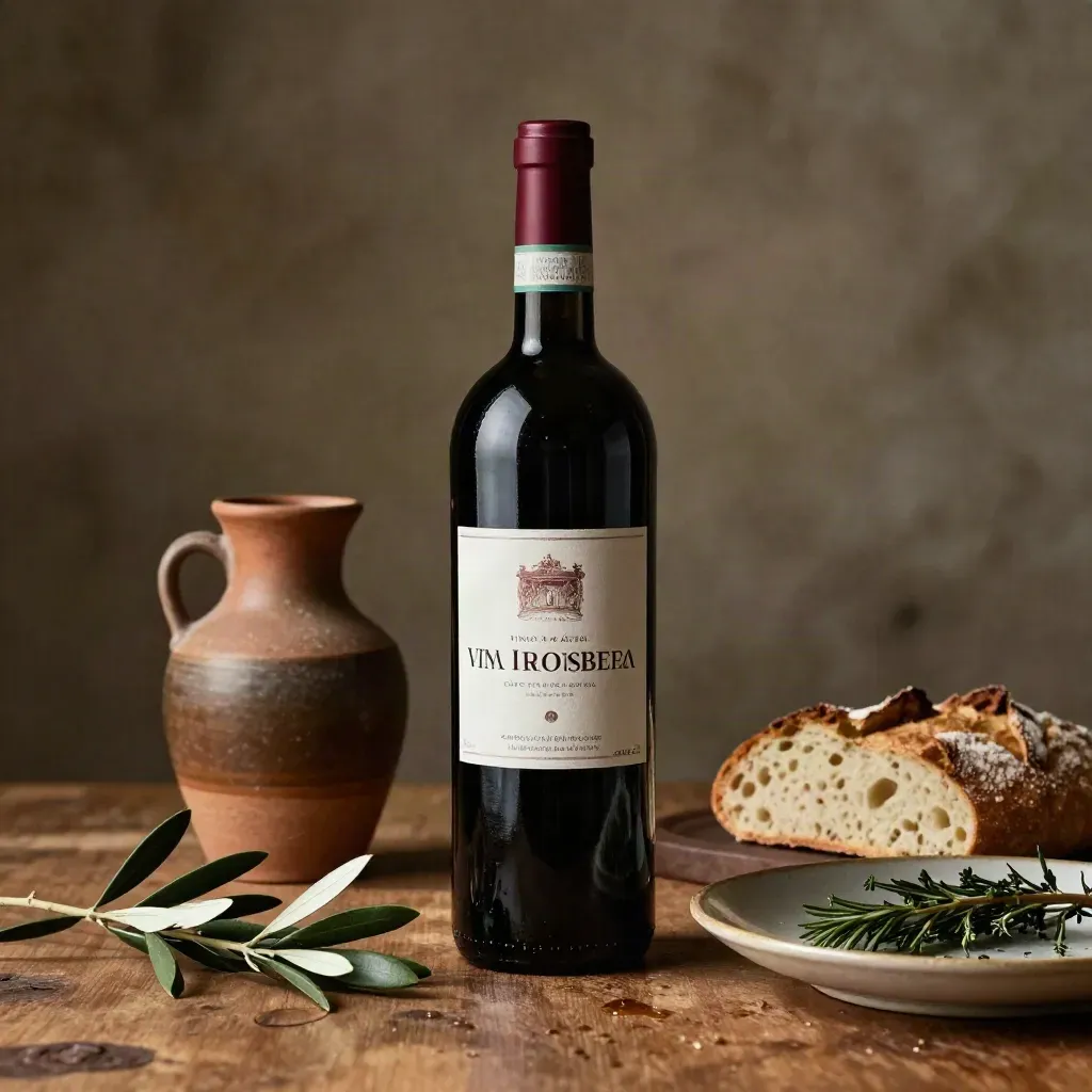 Bottiglia di Chianti con brocca in terracotta, pane e erbe su tavolo caldo