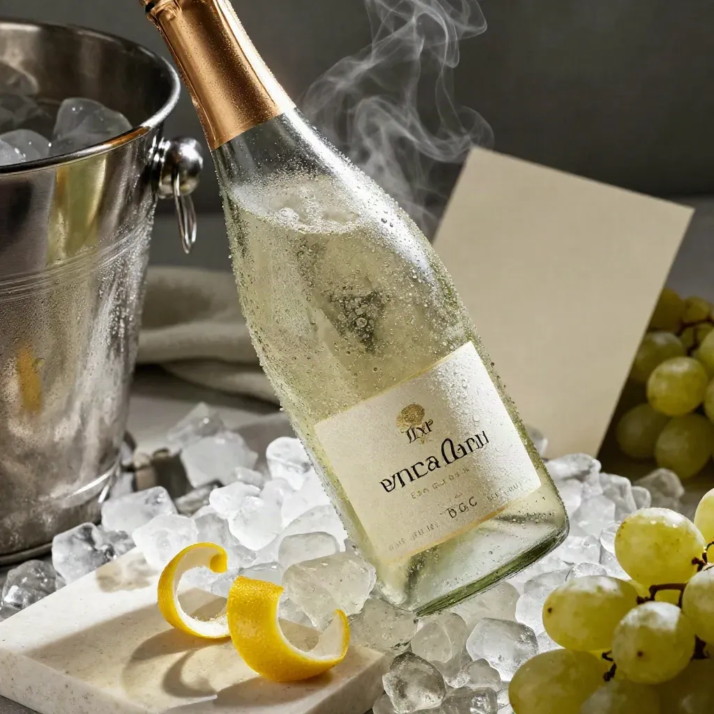 Bottiglia di Prosecco, flute gelato, ghiaccio e uva chiara su pietra travertino.