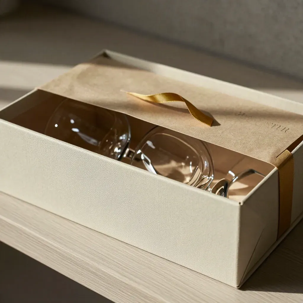 Box regalo vino con calici, carta velina e nastro dorato, in macro caldo e raffinato.