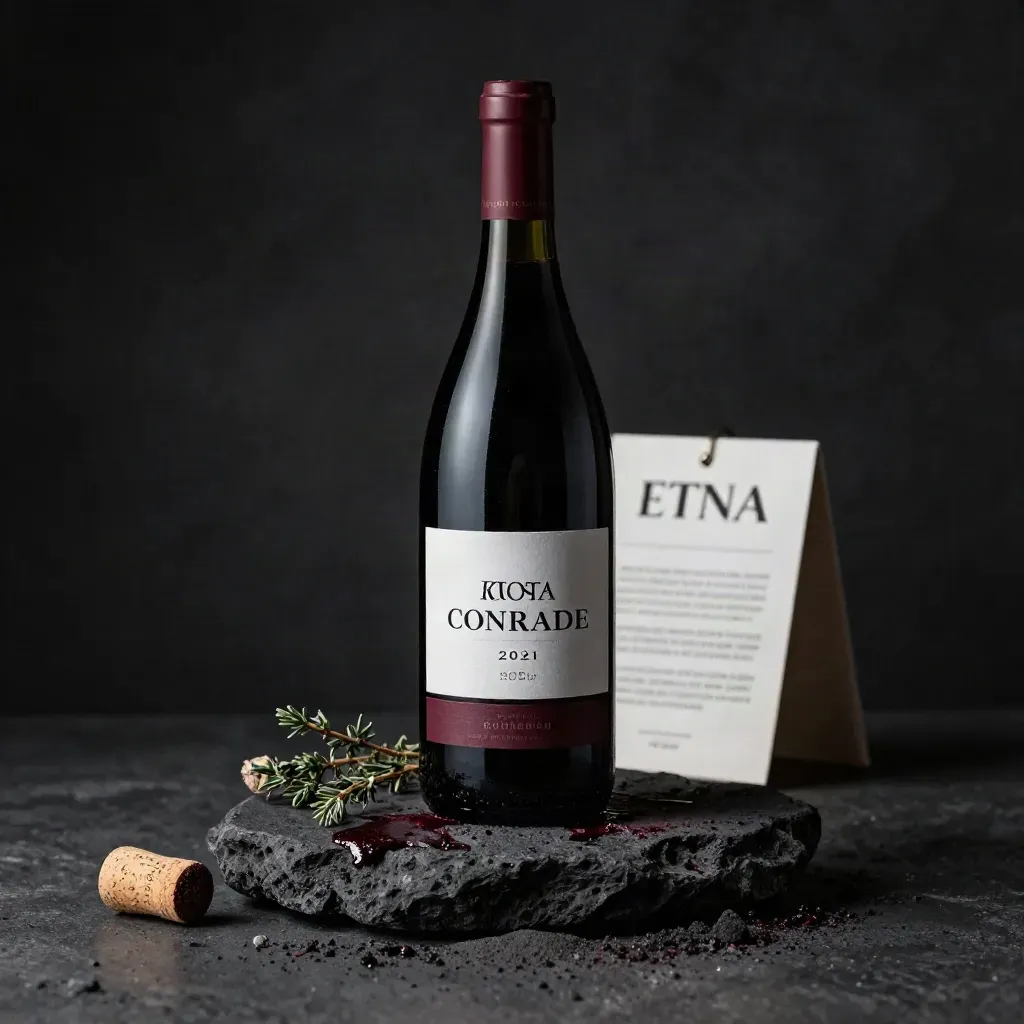 Bottiglia di vino rosso su pietra vulcanica con cenere, timo secco e tappo bruciato
