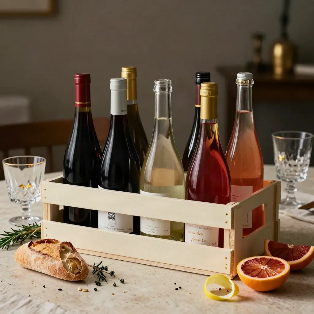 Cassa mista di vino con bottiglie, calici, pane, agrumi ed erbe su travertino.