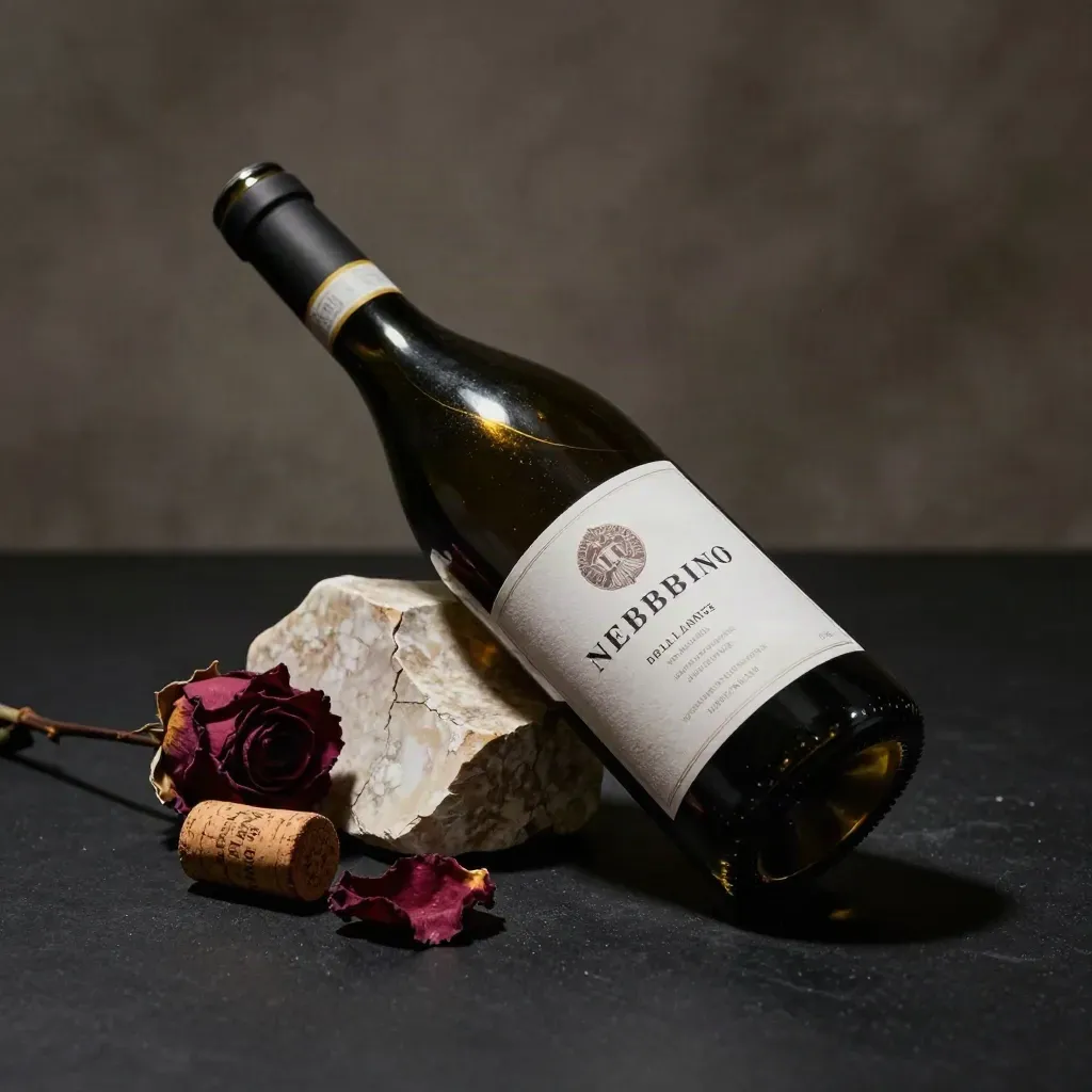Bottiglia di Nebbiolo delle Langhe con rosa secca, tappo allentato e pietra crepata, luce drammatica.