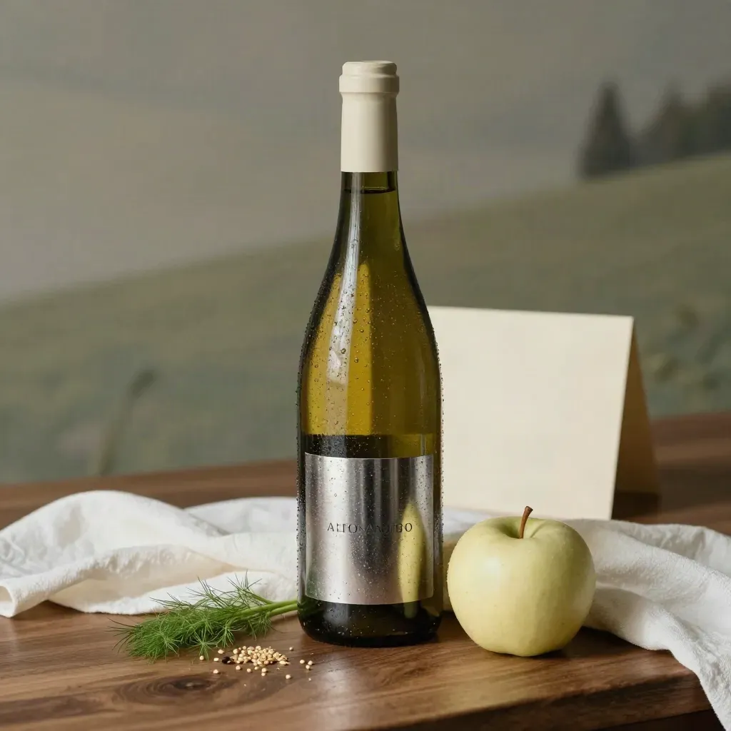 Bottiglia di Sauvignon Alto Adige con mela, finocchio e collare d’acciaio su legno caldo.