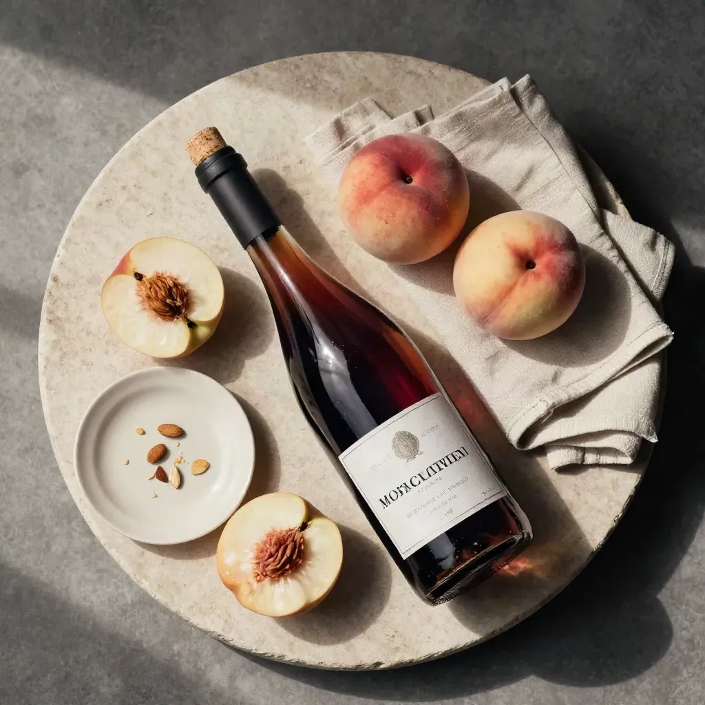 Bottiglia di Moscato d’Asti con pesche bianche, piattino e tovagliolo in flat lay circolare.