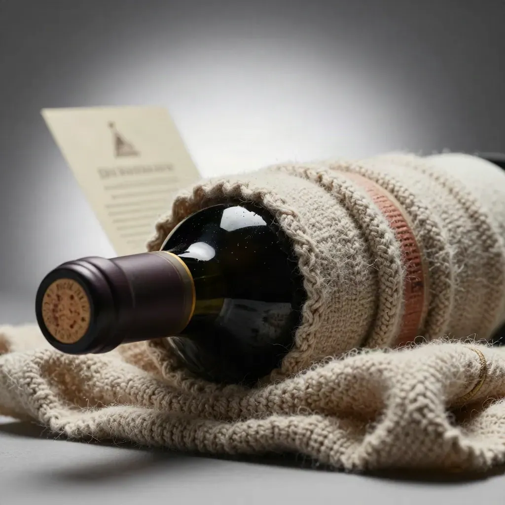 Primo piano di bottiglia Brunello parzialmente avvolta in lana, con supporto in sughero e luce dorata.