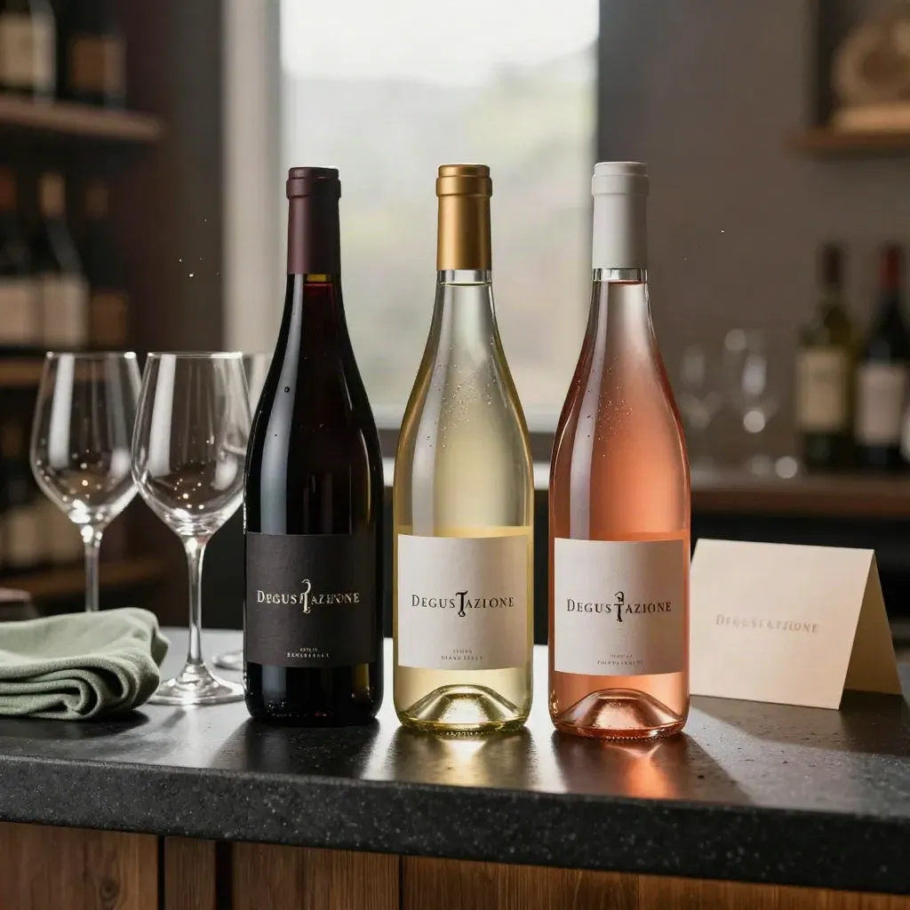 Tre bottiglie di vino con calici e panno piegato su fondo scuro, luce drammatica.