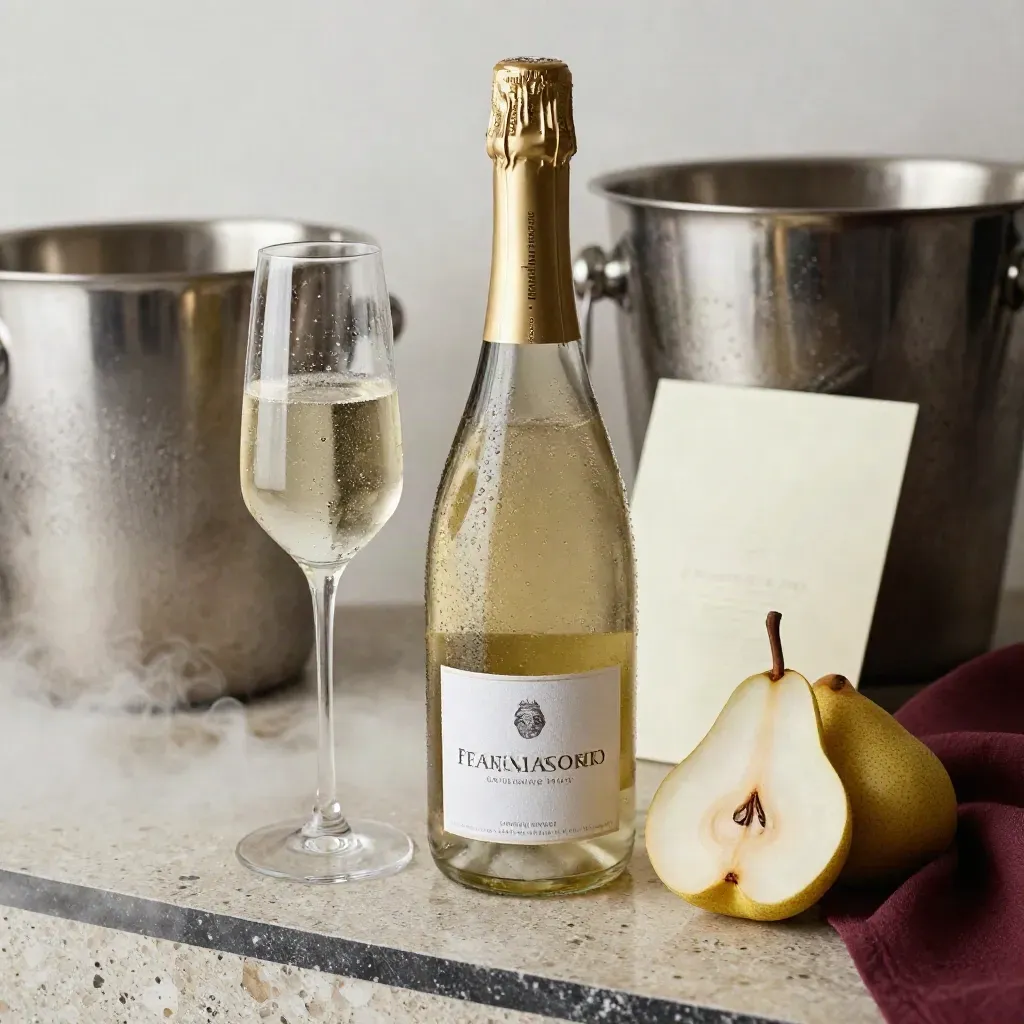 Bottiglia di Franciacorta Brut con flute, pere ghiacciate e vapore freddo su fondo elegante.