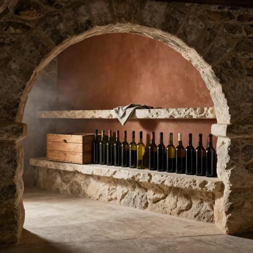 Arco di cantina in pietra con bottiglie scure, parete terracotta e luce calda in alto.