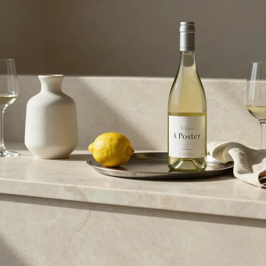 Caraffa bianca, limone e vassoio su marmo chiaro, luce mattutina morbida.