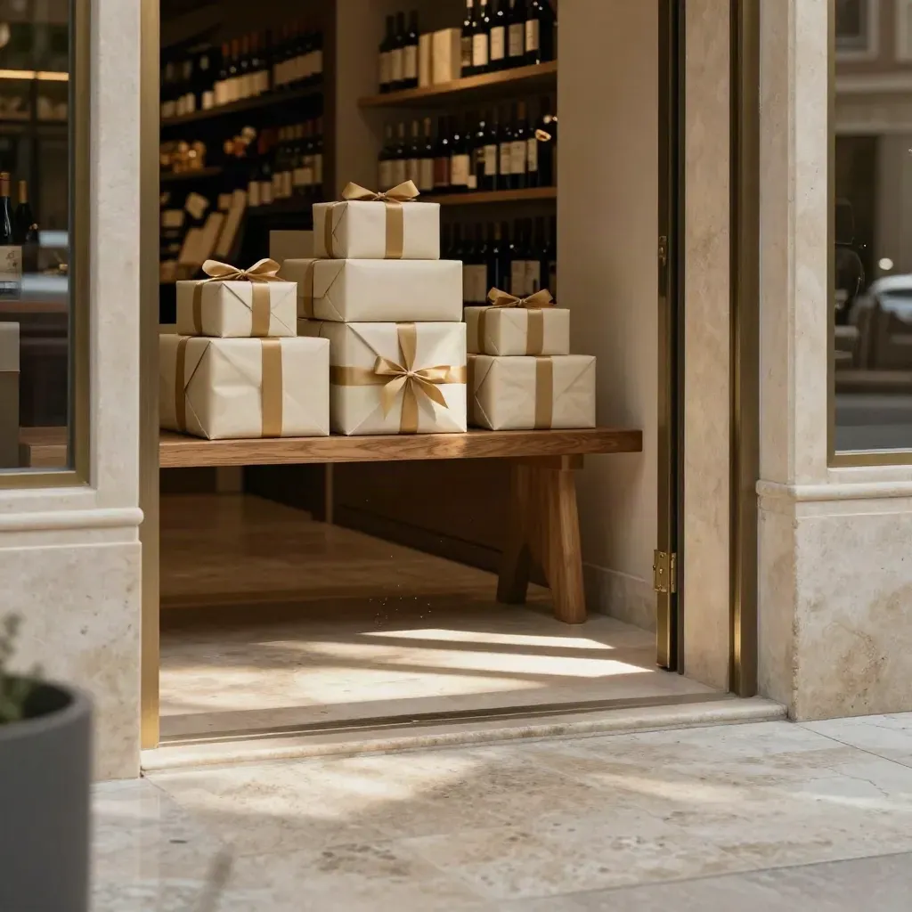 Porta ad arco di enoteca con box regalo impilati, panca in legno e luce pomeridiana.