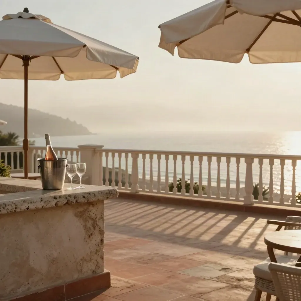Terrazza costiera all’alba con ombrelloni chiari, ringhiere salate e mare argenteo in lontananza