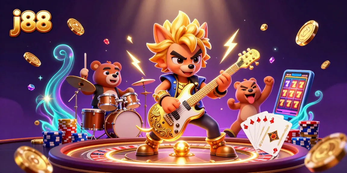 Experience excitement with j88's vibrant casino scene featuring a rocking wolf and animated game elements.