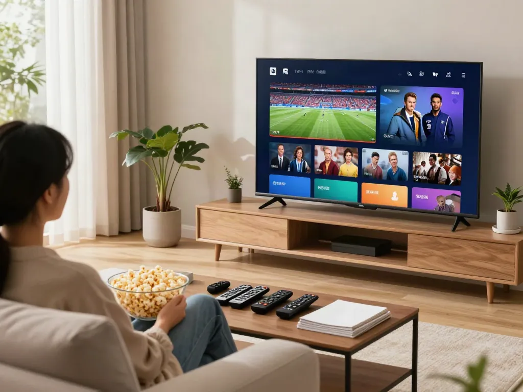 Abbonamento IPTV service enjoyed in a cozy living room with vibrant TV display.